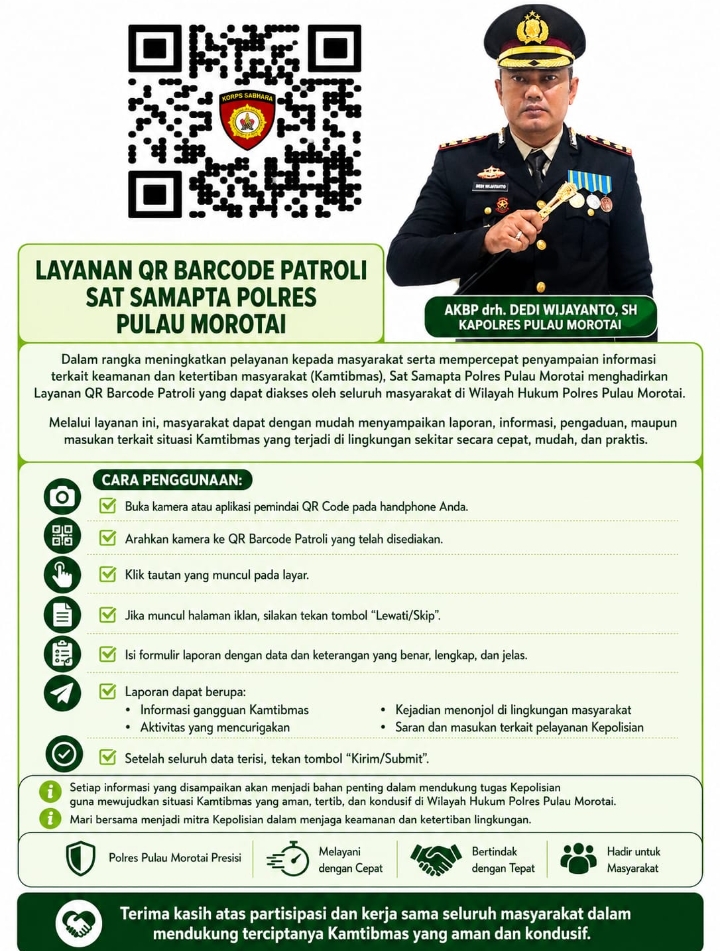 Polres Morotai Terapkan Layanan Barcode Patroli Samapta Demi Wujudkan Pelayanan Publik Prima dan Responsif untuk Masyarakat